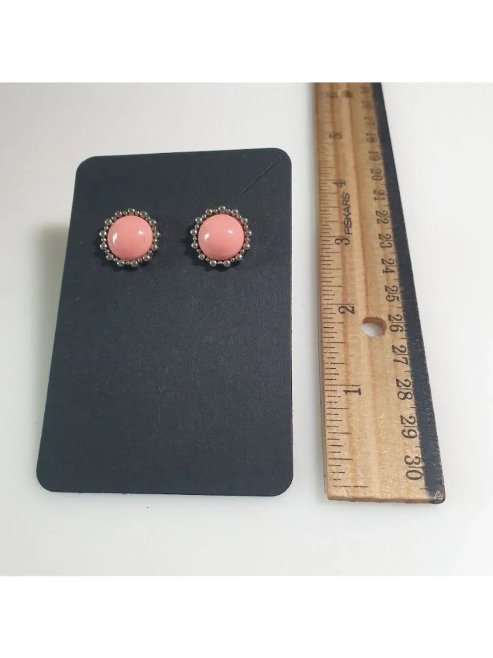 Pink Round Stud Earrings Bead Rimmed Settings Post Backing Silver Tone Minimalis